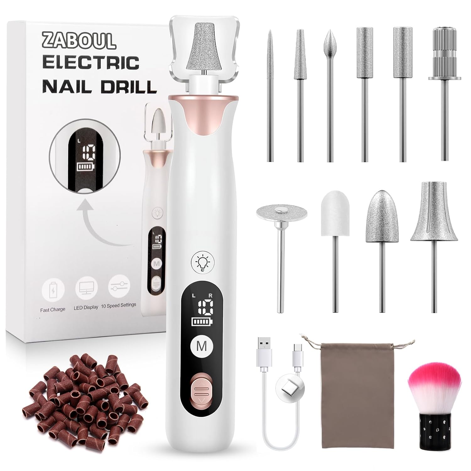 Cordless professional nail drill kit in neutral color with included bits and sanding bands for acrylic and gel nails — front