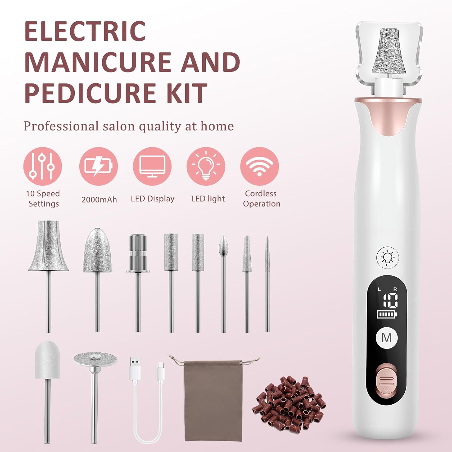 Cordless professional nail drill kit in neutral color with included bits and sanding bands for acrylic and gel nails — side