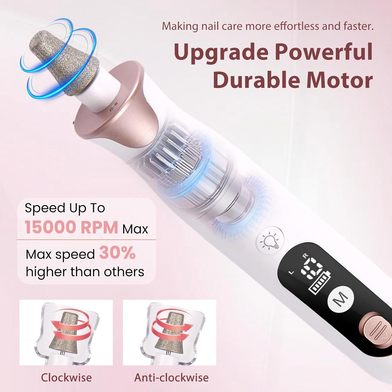 Cordless professional nail drill kit in neutral color with included bits and sanding bands for acrylic and gel nails — back