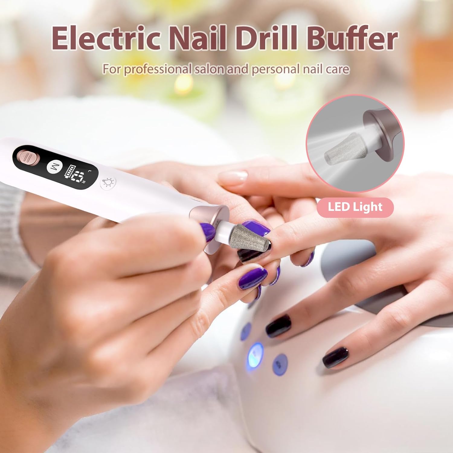 Cordless professional nail drill kit in neutral color with included bits and sanding bands for acrylic and gel nails — detail