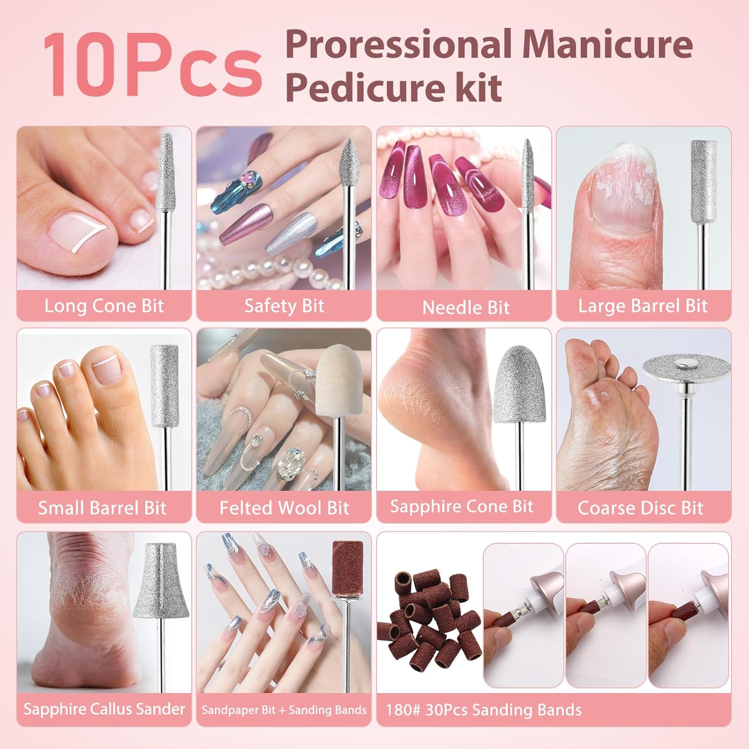 Cordless professional nail drill kit in neutral color with included bits and sanding bands for acrylic and gel nails — view 4