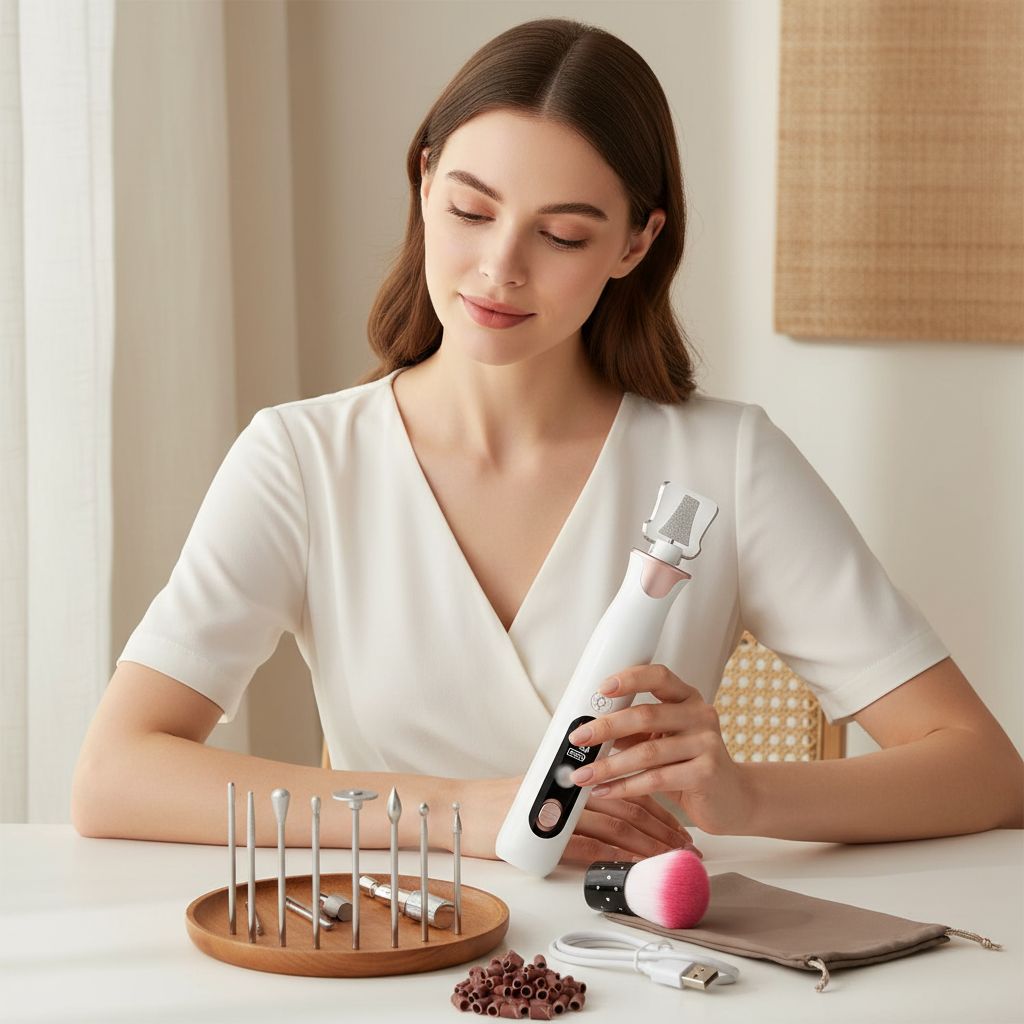 Cordless professional nail drill kit in neutral color with included bits and sanding bands for acrylic and gel nails — view 3a
