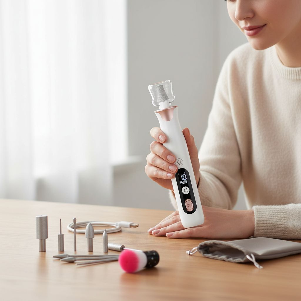 Cordless professional nail drill kit in neutral color with included bits and sanding bands for acrylic and gel nails — view 5a