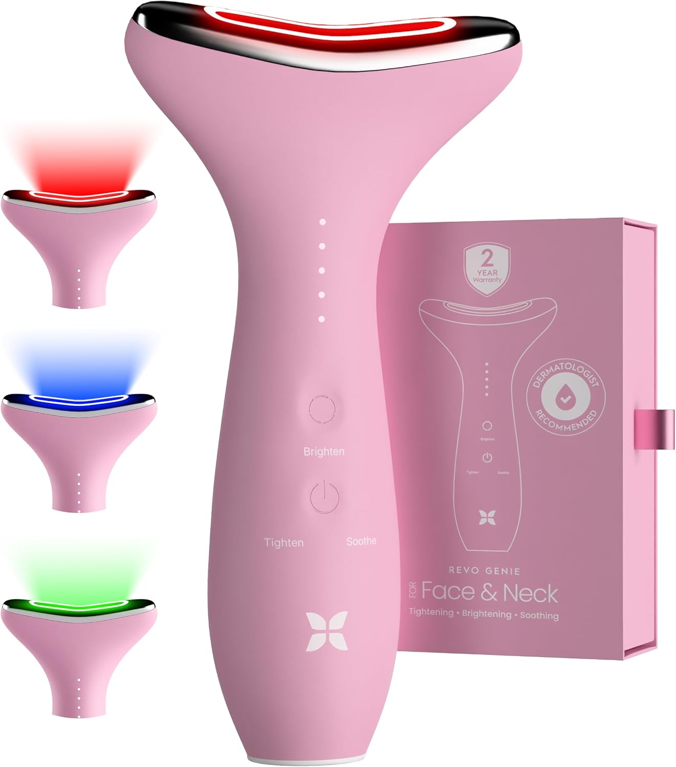 LED facial massager with red, blue, and green light modes for face and neck depuffing, shown in neutral finish — view 1