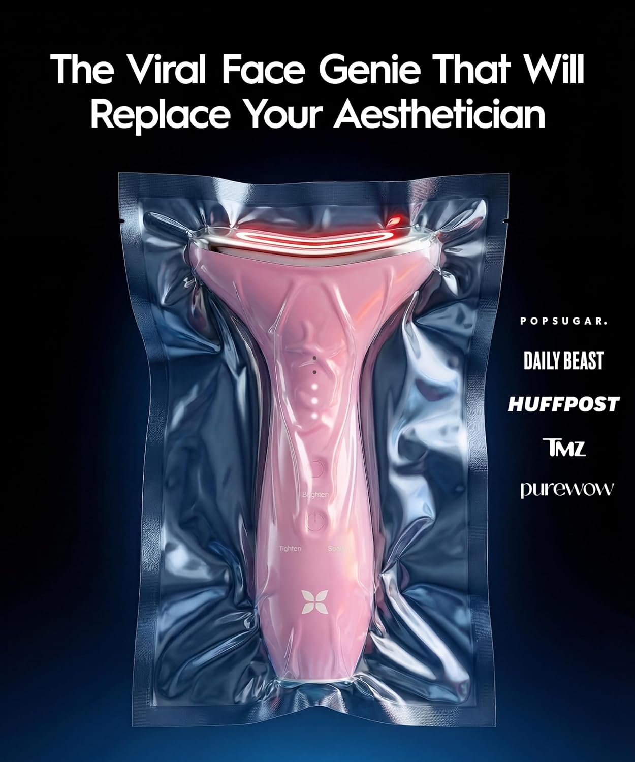 LED facial massager with red, blue, and green light modes for face and neck depuffing, shown in neutral finish — view 2