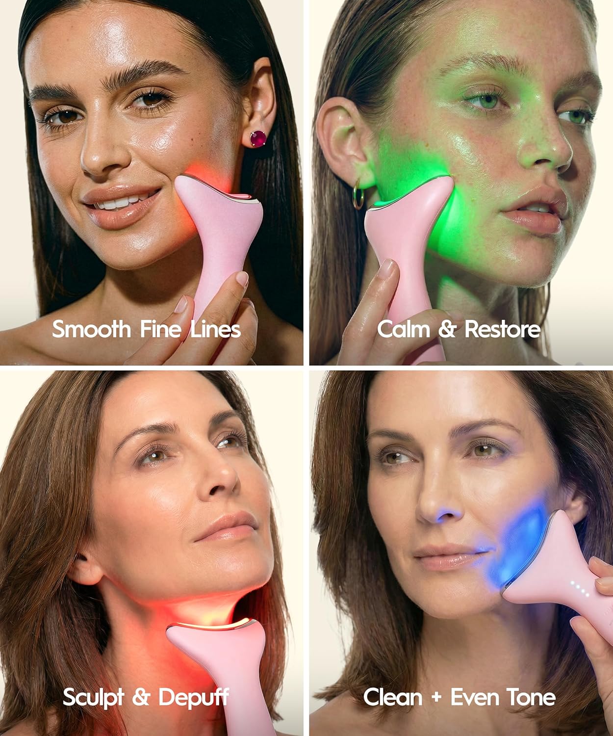 LED facial massager with red, blue, and green light modes for face and neck depuffing, shown in neutral finish — view 2
