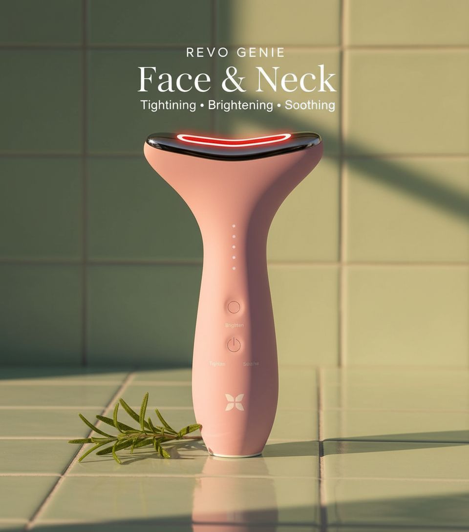 LED facial massager with red, blue, and green light modes for face and neck depuffing, shown in neutral finish — view 1