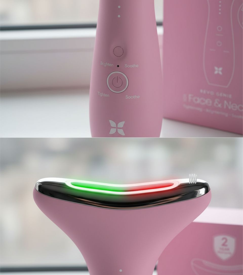 LED facial massager with red, blue, and green light modes for face and neck depuffing, shown in neutral finish — view 4