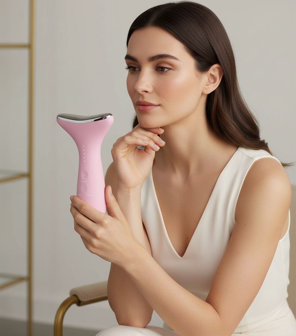 LED facial massager with red, blue, and green light modes for face and neck depuffing, shown in neutral finish — view 3a