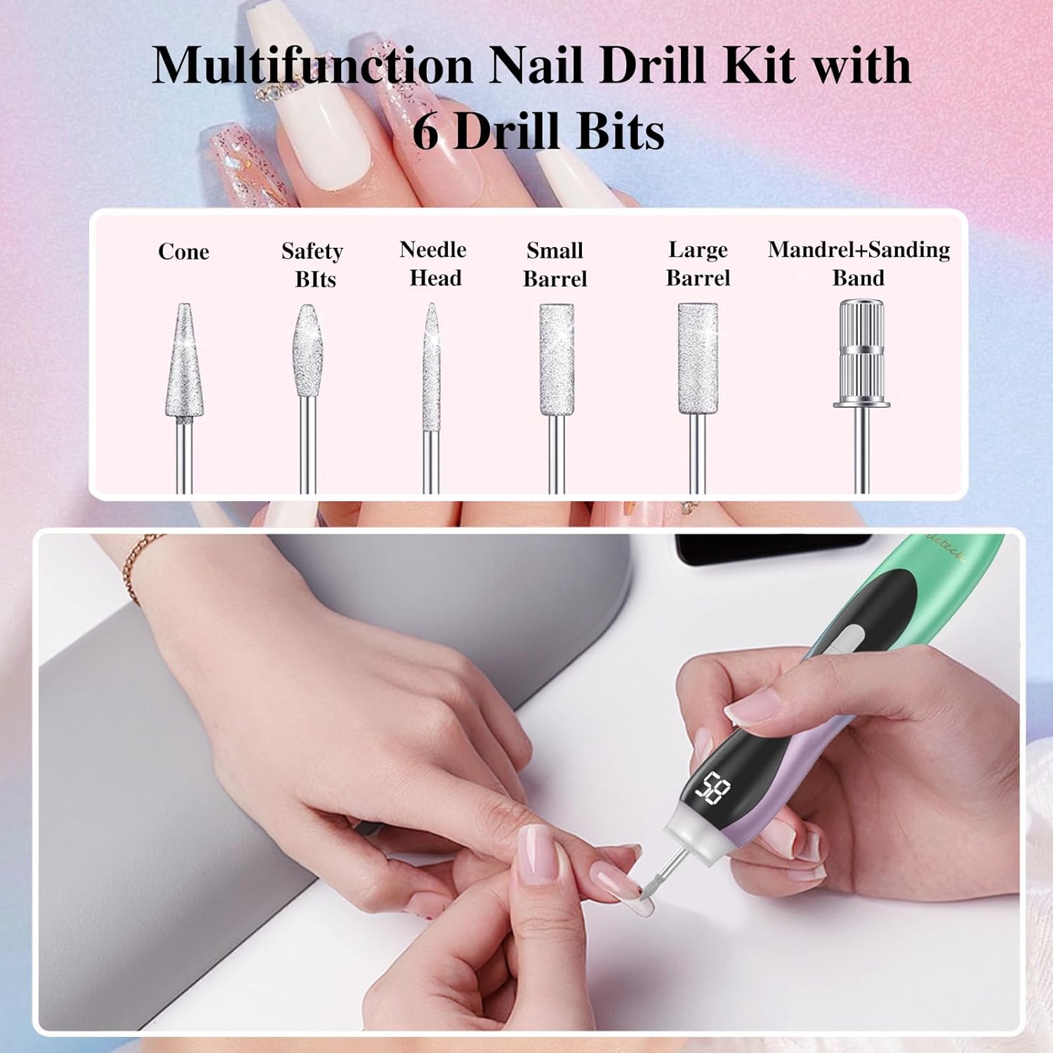 {color} professional cordless nail drill with 2-in-1 design for acrylic, gel, and dip powder nails — view 3