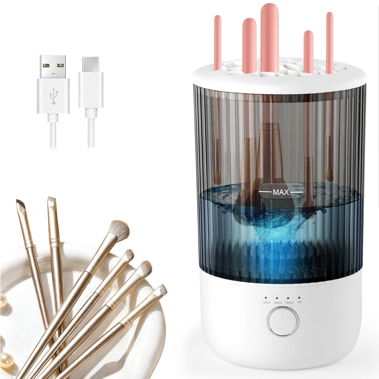 Electric automatic makeup brush cleaner with timer settings in neutral finish, shown with cleaning cup — view 1
