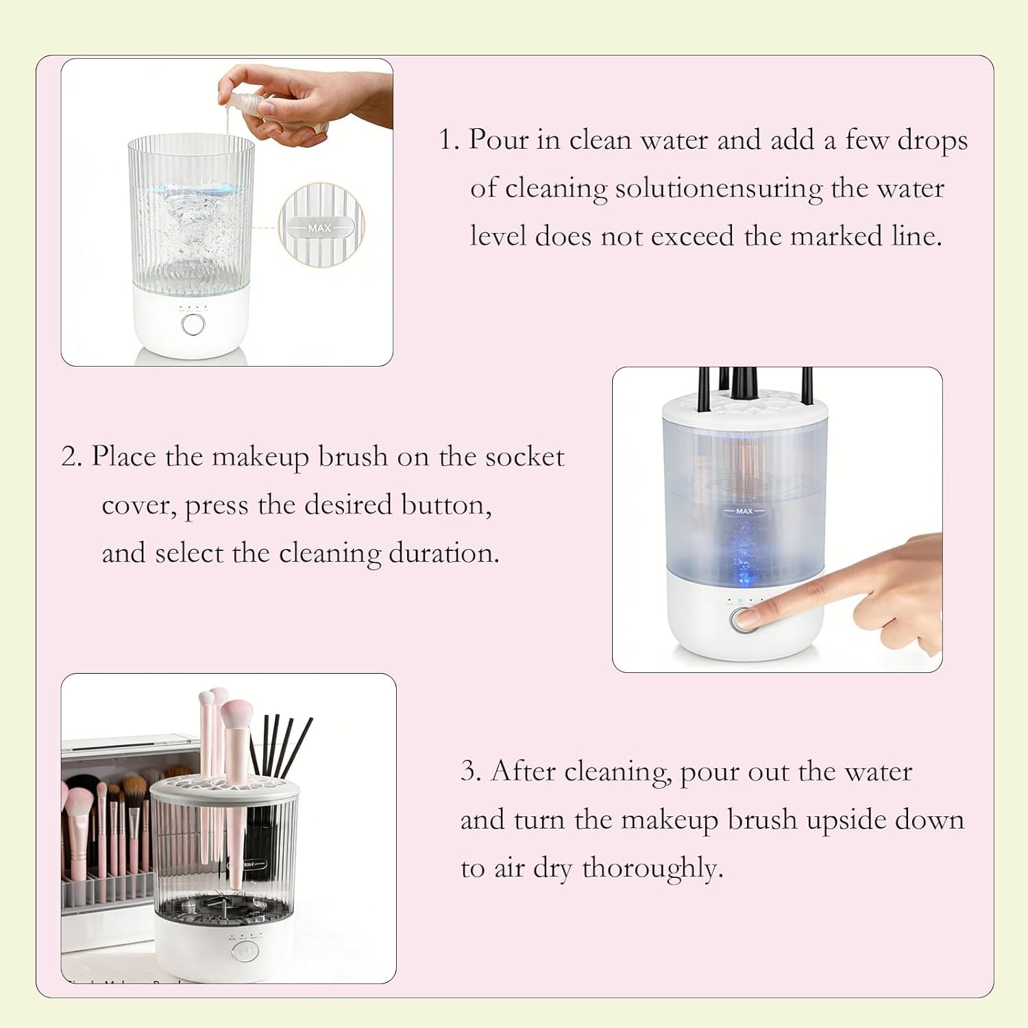 Electric automatic makeup brush cleaner with timer settings in neutral finish, shown with cleaning cup — view 4