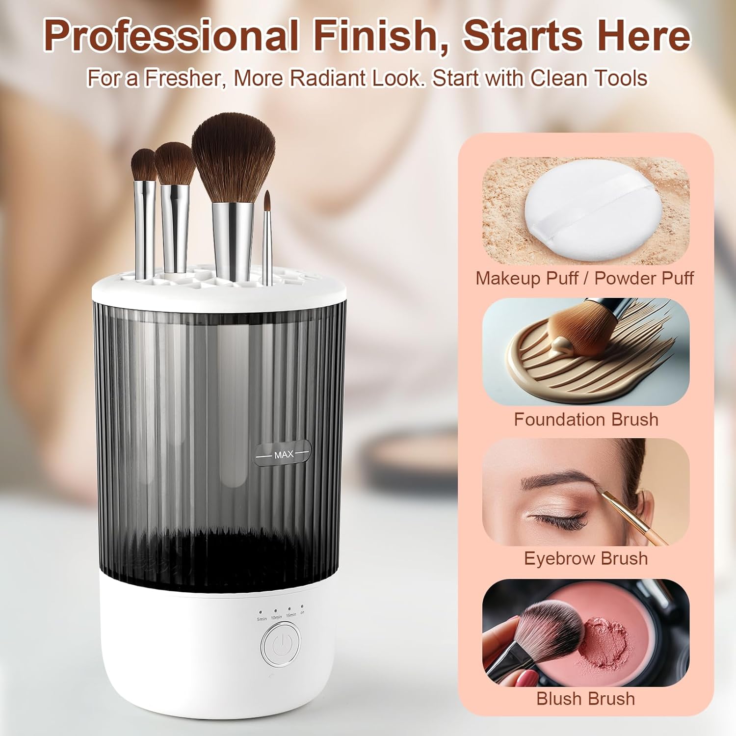 Electric automatic makeup brush cleaner with timer settings in neutral finish, shown with cleaning cup — view 2
