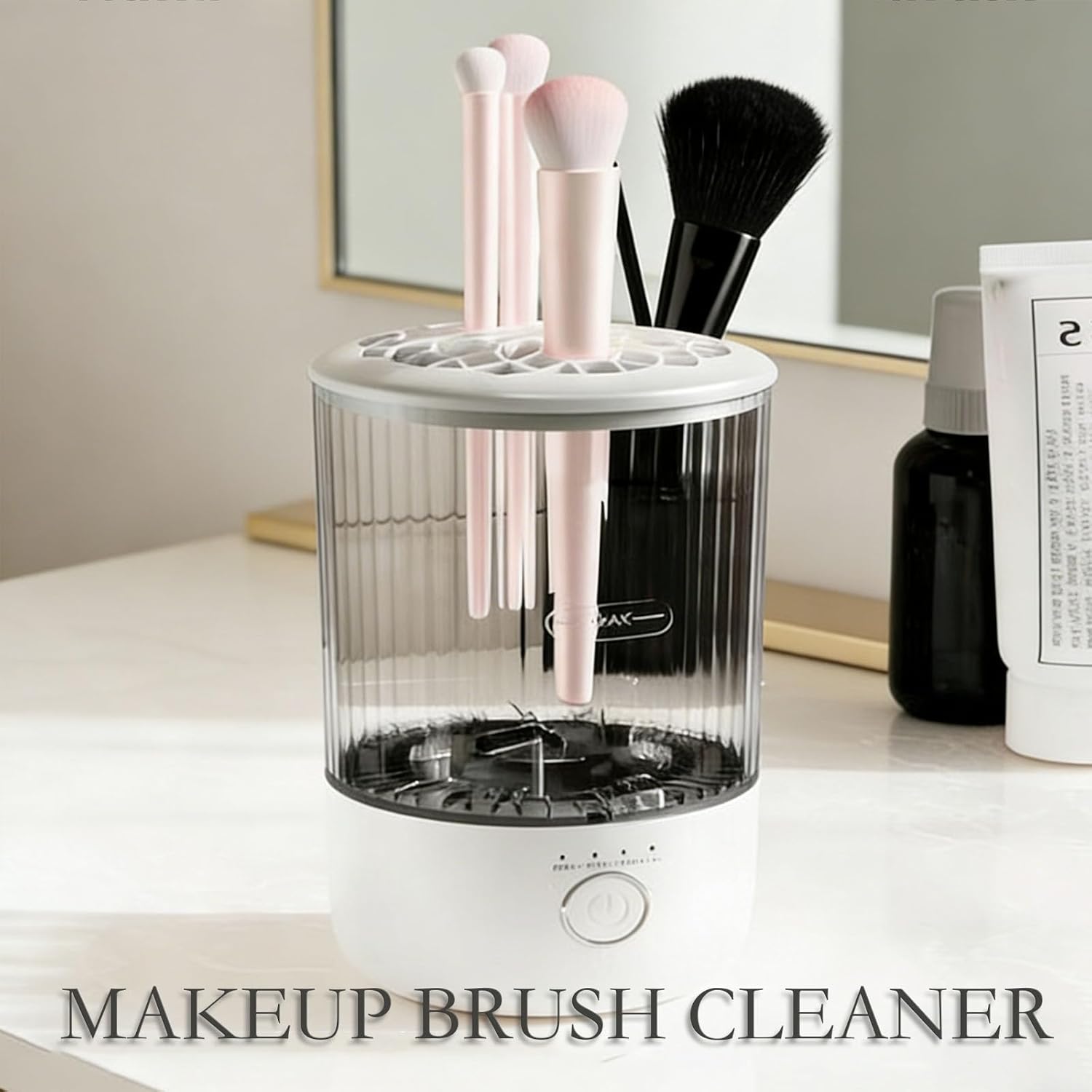 Electric automatic makeup brush cleaner with timer settings in neutral finish, shown with cleaning cup — view 4