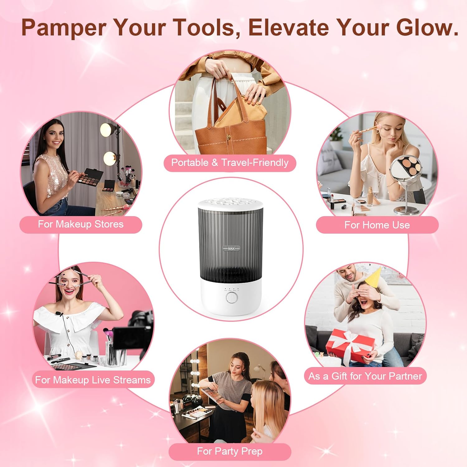Electric automatic makeup brush cleaner with timer settings in neutral finish, shown with cleaning cup — view 5