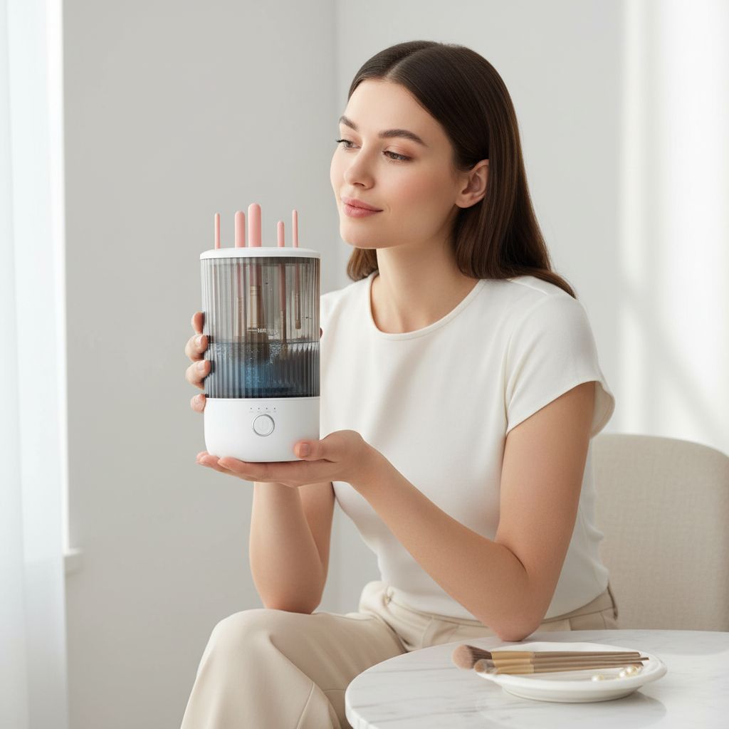Electric automatic makeup brush cleaner with timer settings in neutral finish, shown with cleaning cup — view 2