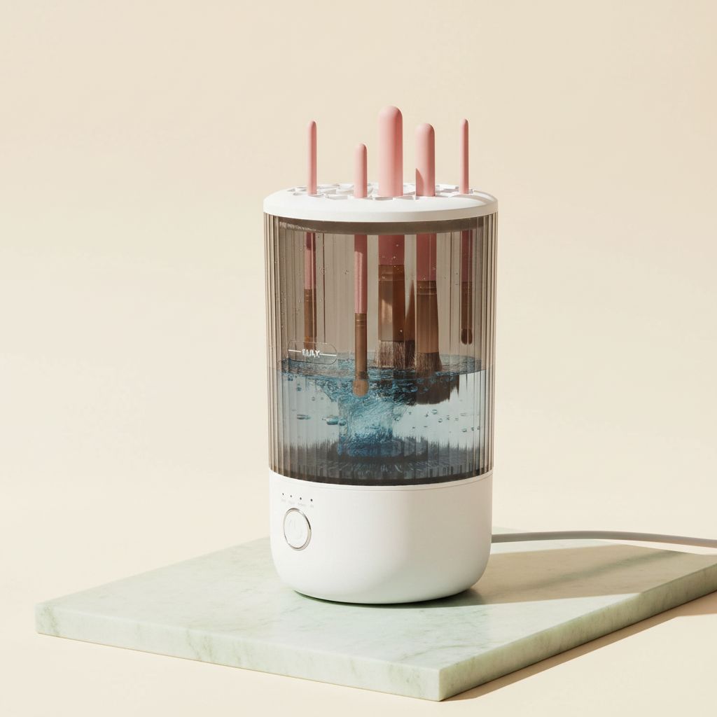 Electric automatic makeup brush cleaner with timer settings in neutral finish, shown with cleaning cup — view 3