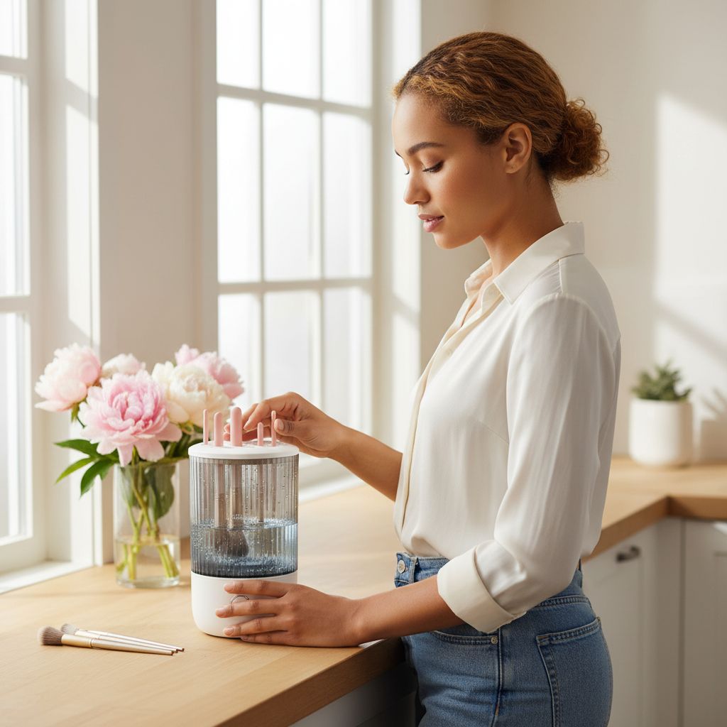 Electric automatic makeup brush cleaner with timer settings in neutral finish, shown with cleaning cup — view 2