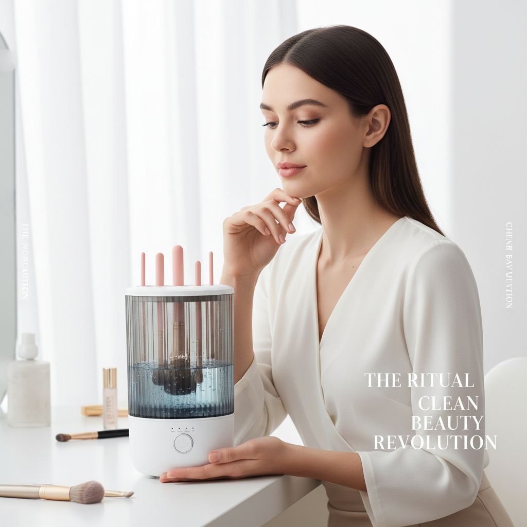 Electric automatic makeup brush cleaner with timer settings in neutral finish, shown with cleaning cup — view 4