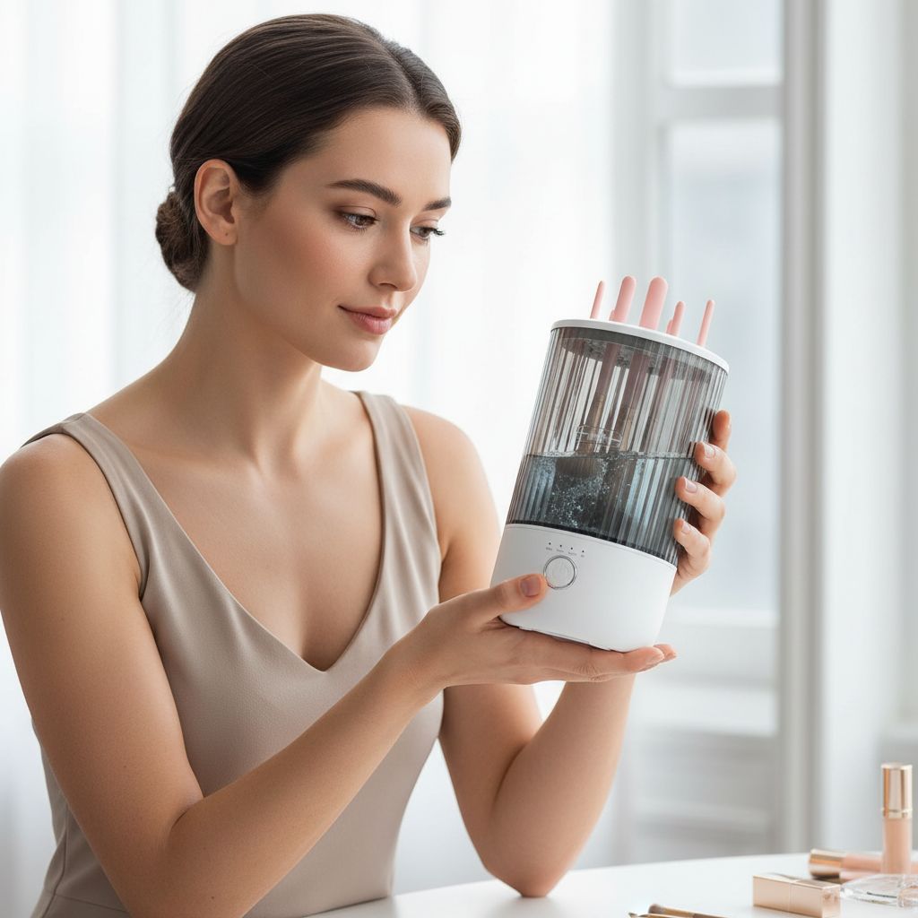 Electric automatic makeup brush cleaner with timer settings in neutral finish, shown with cleaning cup — view 6