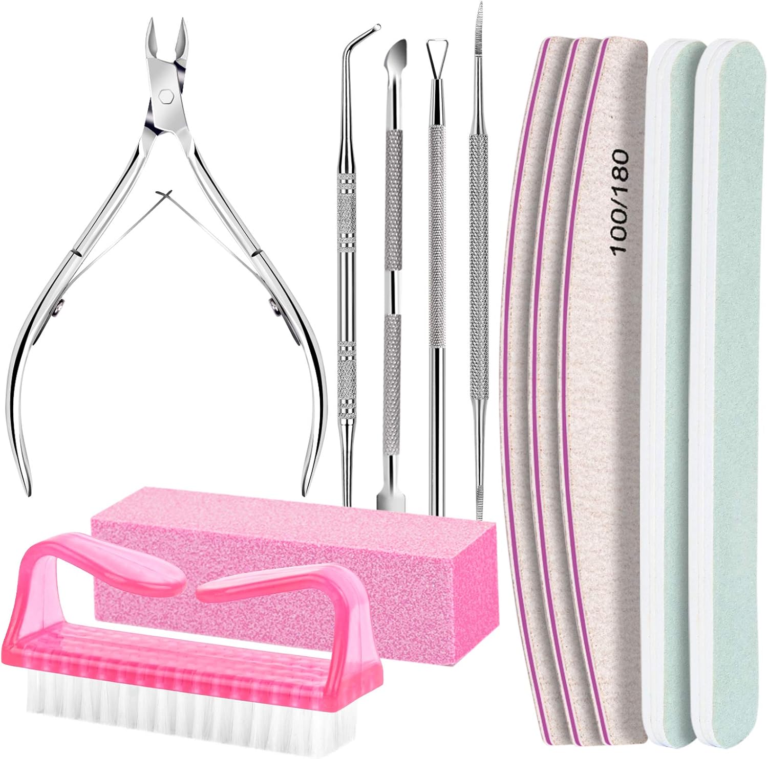 Minimalist nail care kit with cuticle nippers, nail files, and buffer block in neutral tones — view 1