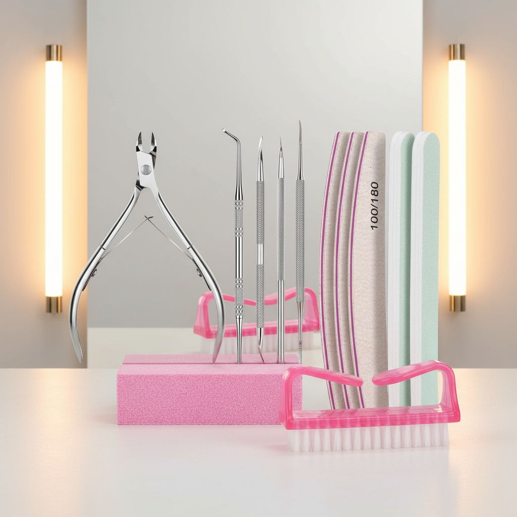 Minimalist nail care kit with cuticle nippers, nail files, and buffer block in neutral tones — view 2