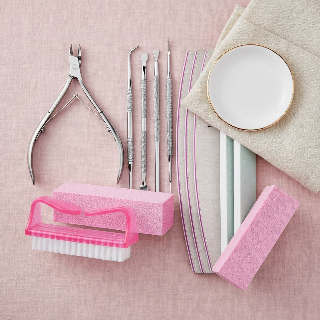 Minimalist nail care kit with cuticle nippers, nail files, and buffer block in neutral tones — view 7a