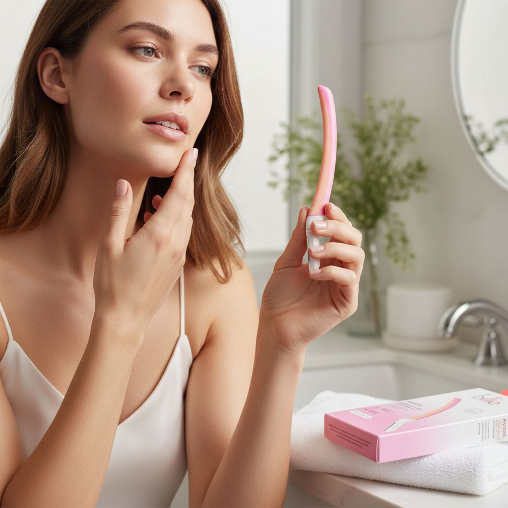 Minimalist dermaplane starter kit in neutral tones with reusable handle and refill blades for facial hair removal — view 6