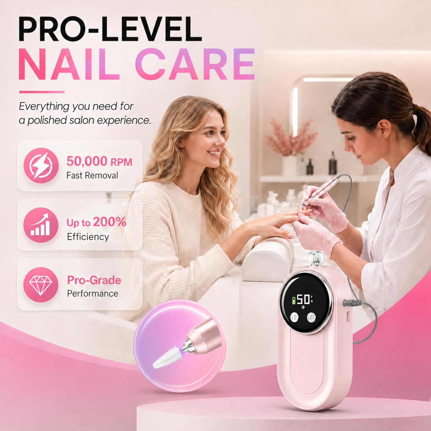 High-speed nail drill with 50,000 RPM motor and LCD display in {color}, shown with bits kit and anti-slip pad for acrylic removal — view 2