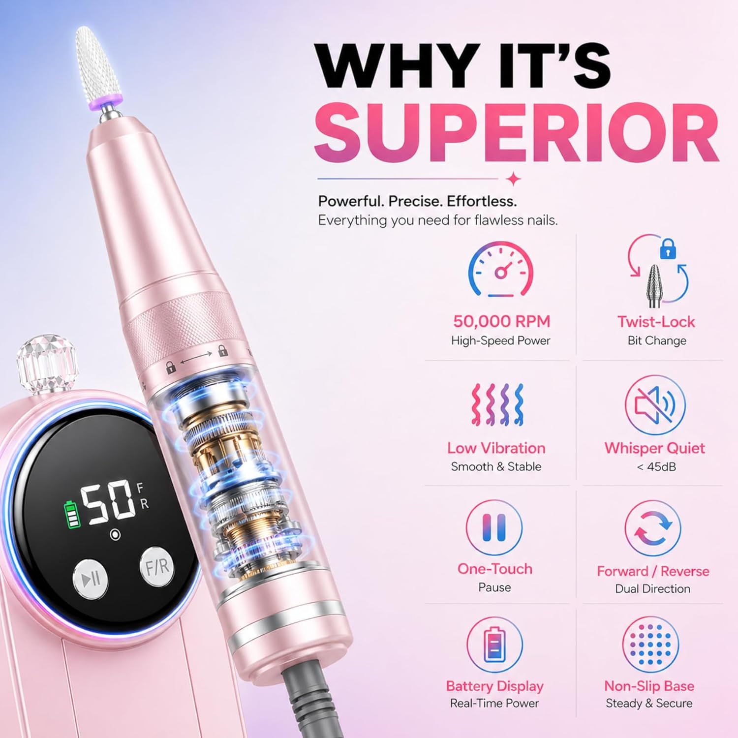 High-speed nail drill with 50,000 RPM motor and LCD display in {color}, shown with bits kit and anti-slip pad for acrylic removal — view 3