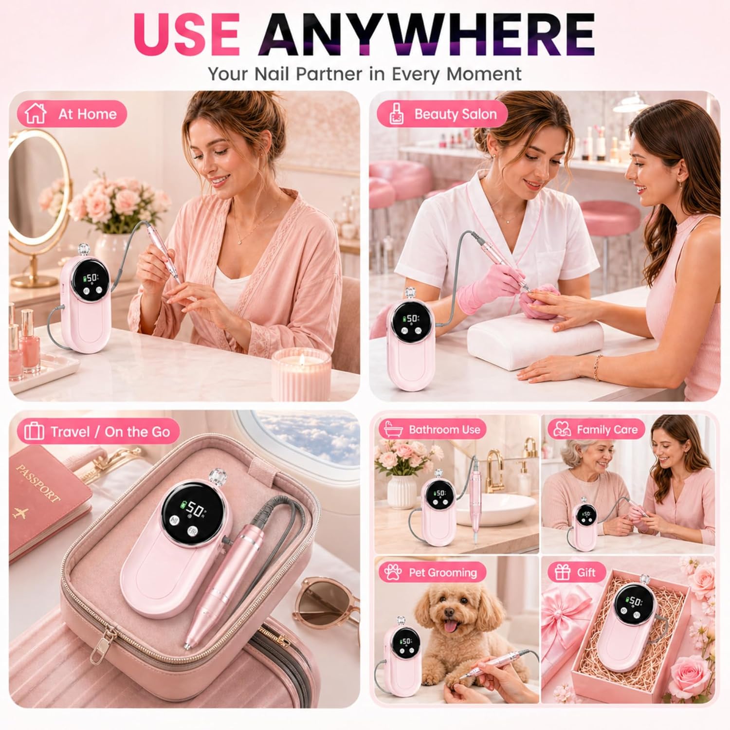 High-speed nail drill with 50,000 RPM motor and LCD display in {color}, shown with bits kit and anti-slip pad for acrylic removal — view 4