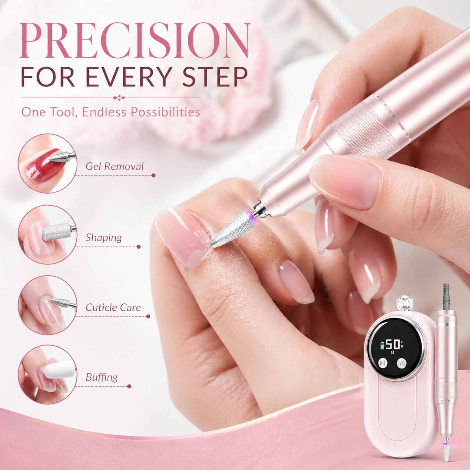 High-speed nail drill with 50,000 RPM motor and LCD display in {color}, shown with bits kit and anti-slip pad for acrylic removal — view 2