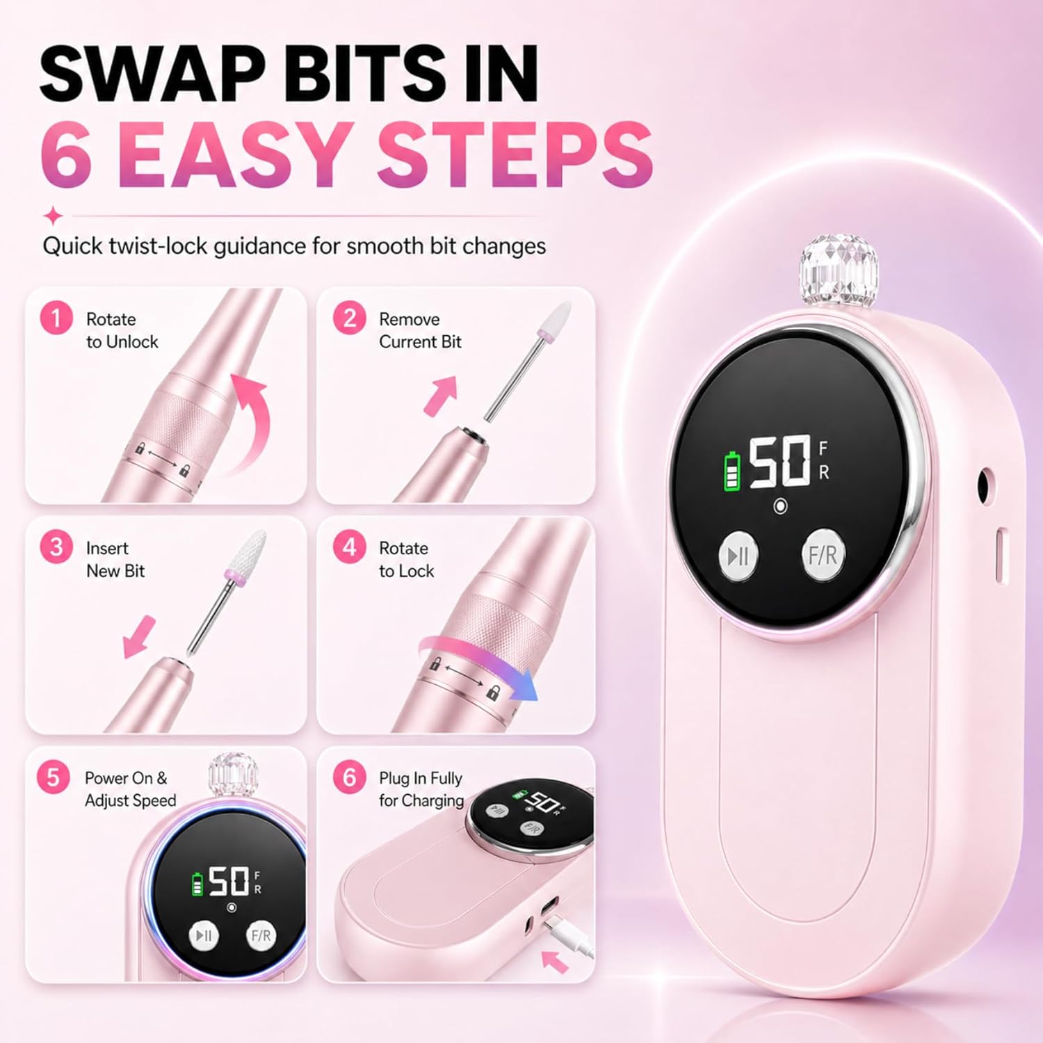 High-speed nail drill with 50,000 RPM motor and LCD display in {color}, shown with bits kit and anti-slip pad for acrylic removal — view 3