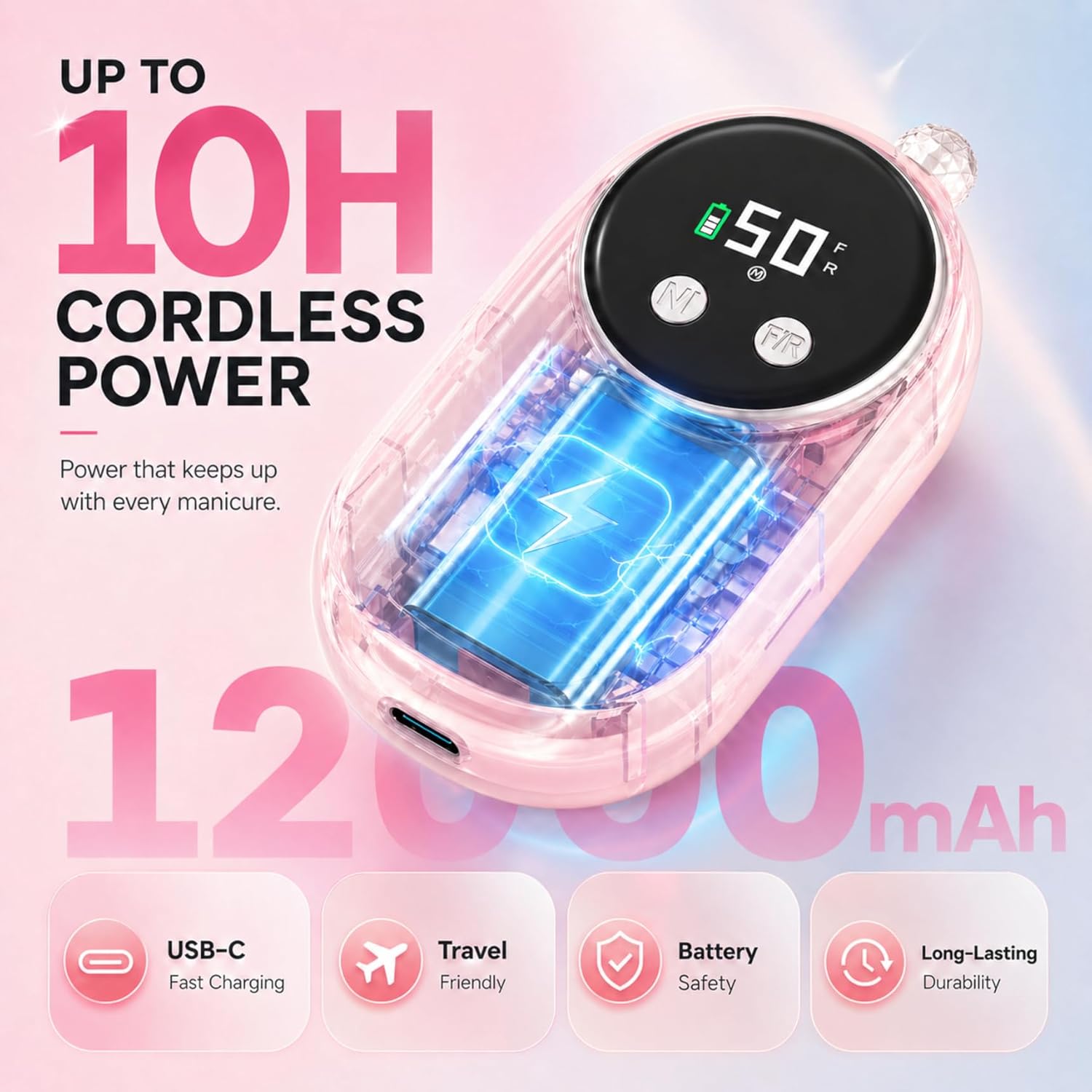 High-speed nail drill with 50,000 RPM motor and LCD display in {color}, shown with bits kit and anti-slip pad for acrylic removal — view 4