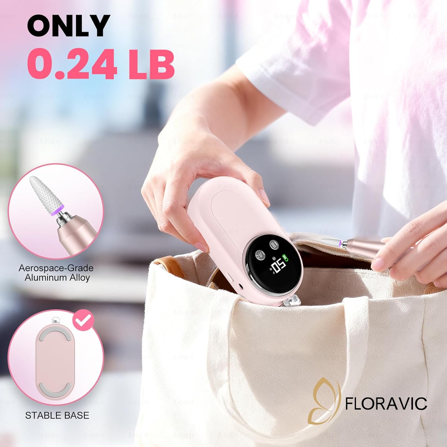 High-speed nail drill with 50,000 RPM motor and LCD display in {color}, shown with bits kit and anti-slip pad for acrylic removal — view 5