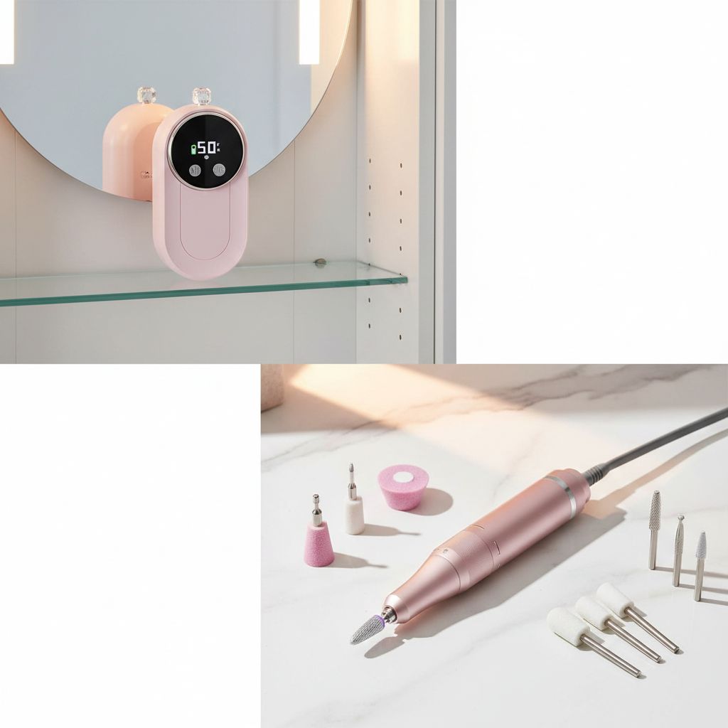 High-speed nail drill with 50,000 RPM motor and LCD display in {color}, shown with bits kit and anti-slip pad for acrylic removal — view 1