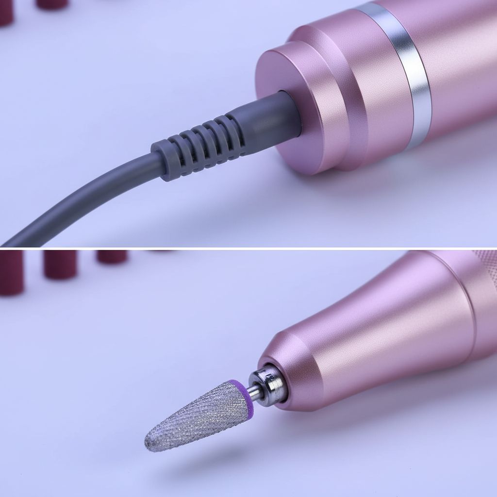 High-speed nail drill with 50,000 RPM motor and LCD display in {color}, shown with bits kit and anti-slip pad for acrylic removal — view 4