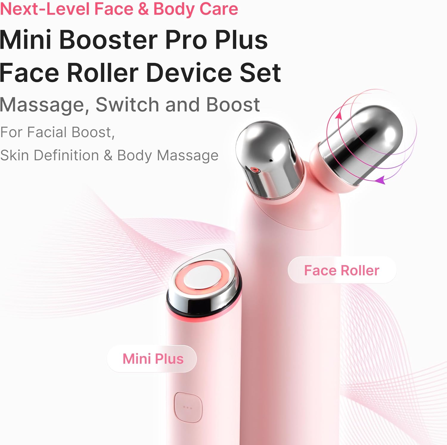 Pink vibrating face roller with massage head for jawline contouring and depuffing treatment — view 2
