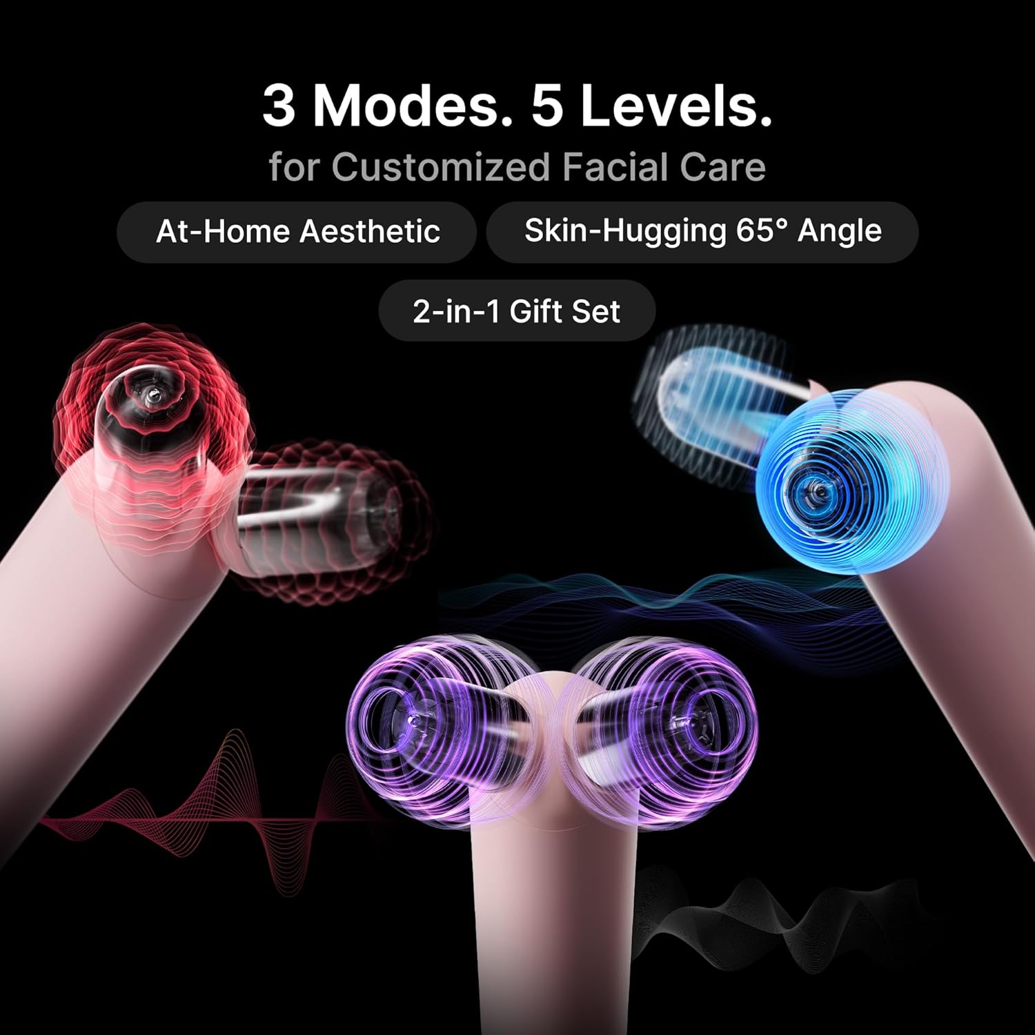 Pink vibrating face roller with massage head for jawline contouring and depuffing treatment — view 3