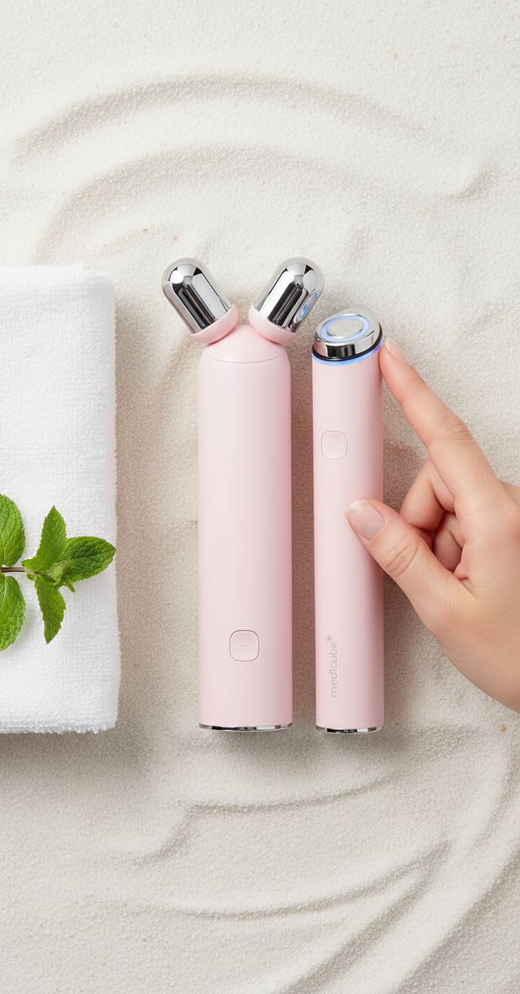 Pink vibrating face roller with massage head for jawline contouring and depuffing treatment — view 7a