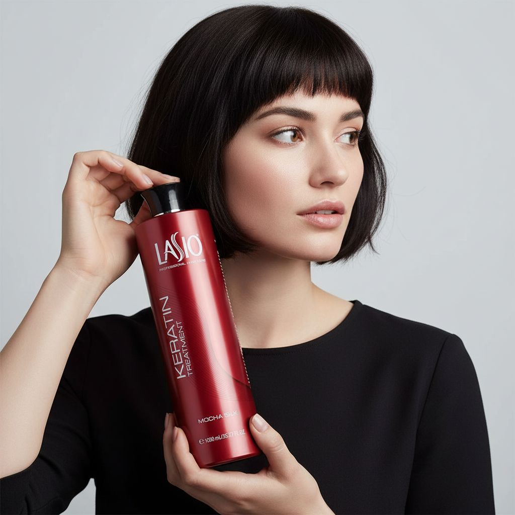 Mocha silk keratin treatment bottle, neutral-toned apothecary-luxe hair serum for smoothing and shine — view 6