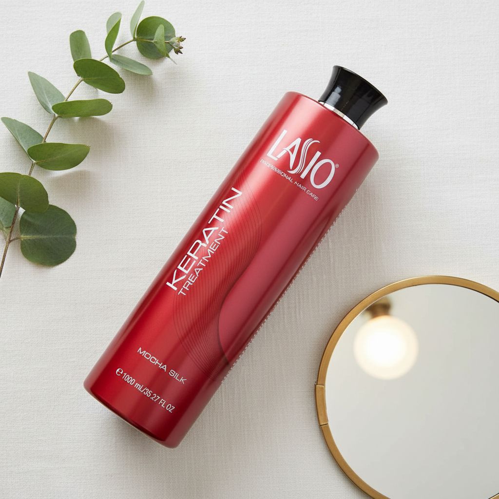 Mocha silk keratin treatment bottle, neutral-toned apothecary-luxe hair serum for smoothing and shine — view 7a