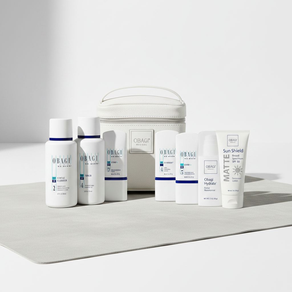 Medical-grade retinol and hydration skincare system in neutral apothecary bottles, 7-piece kit for dry skin treatment — view 1