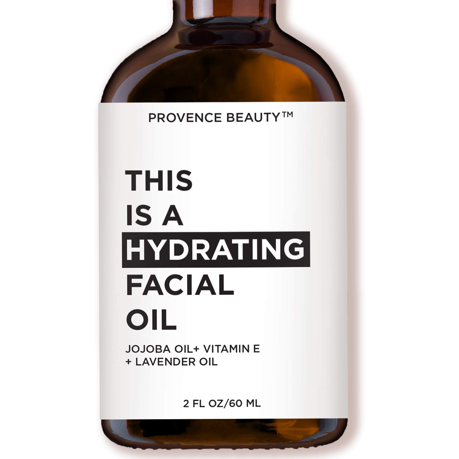 Hydrating facial oil with jojoba oil and vitamin E in neutral amber bottle, showcasing apothecary-luxe skincare product — front