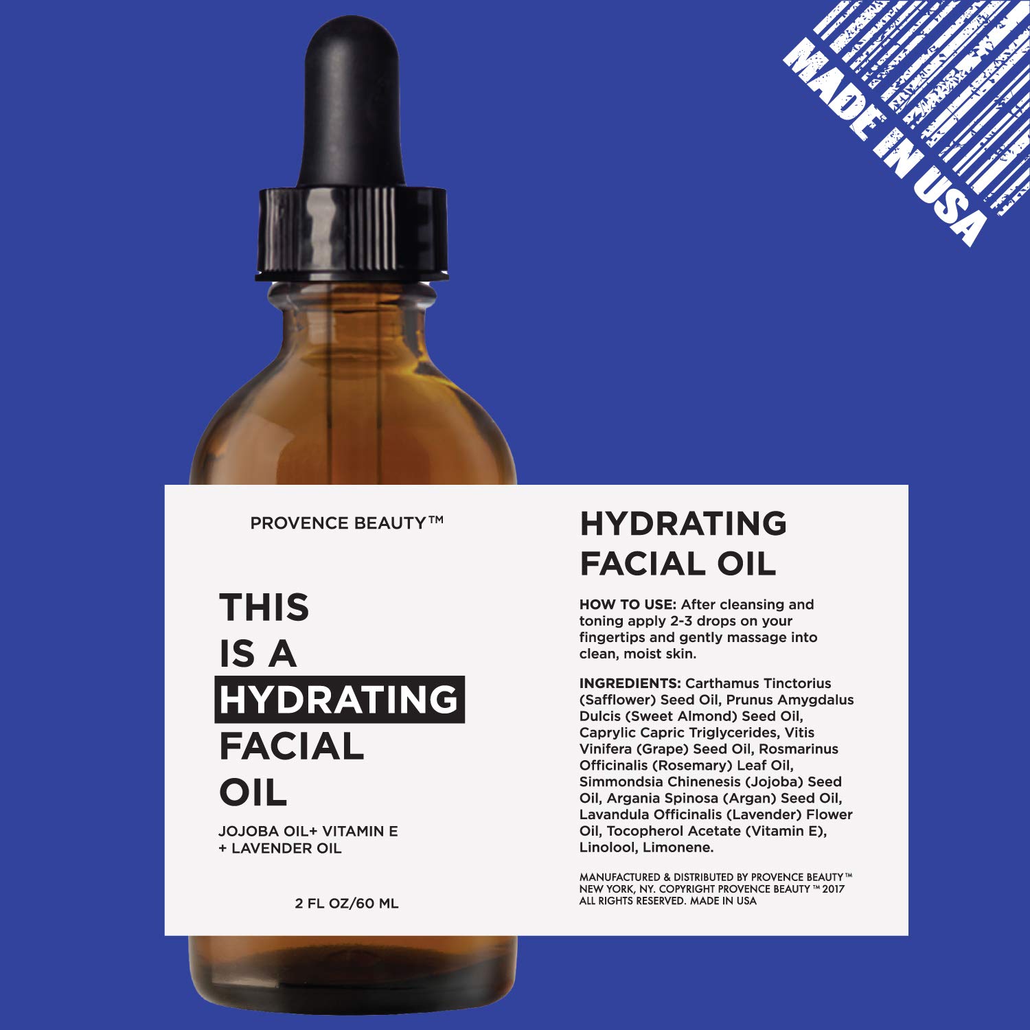 Hydrating facial oil with jojoba oil and vitamin E in neutral amber bottle, showcasing apothecary-luxe skincare product — side