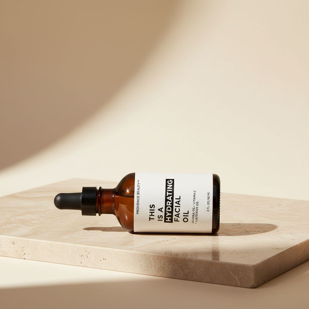 Hydrating facial oil with jojoba oil and vitamin E in neutral amber bottle, showcasing apothecary-luxe skincare product — view 3