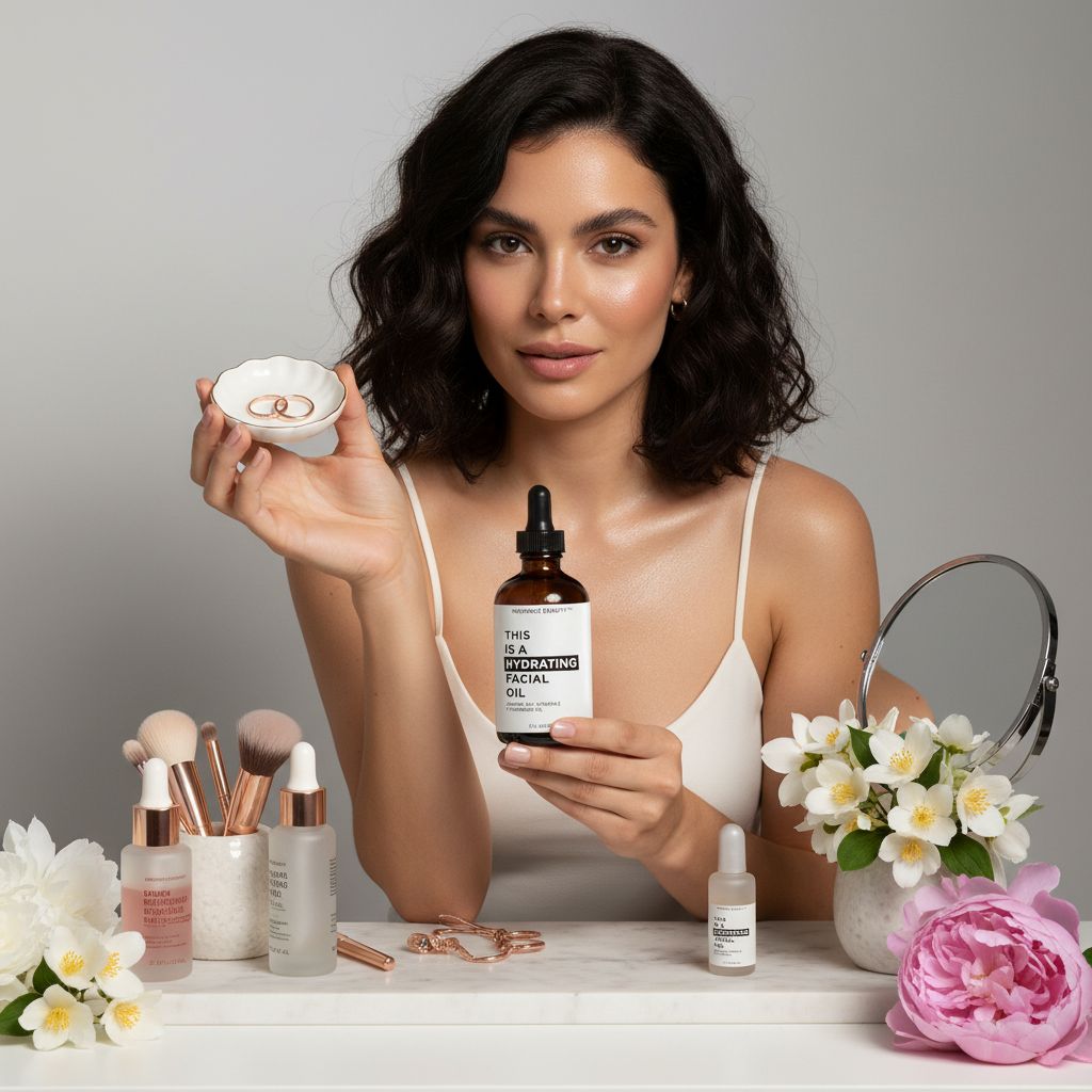 Hydrating facial oil with jojoba oil and vitamin E in neutral amber bottle, showcasing apothecary-luxe skincare product — view 4