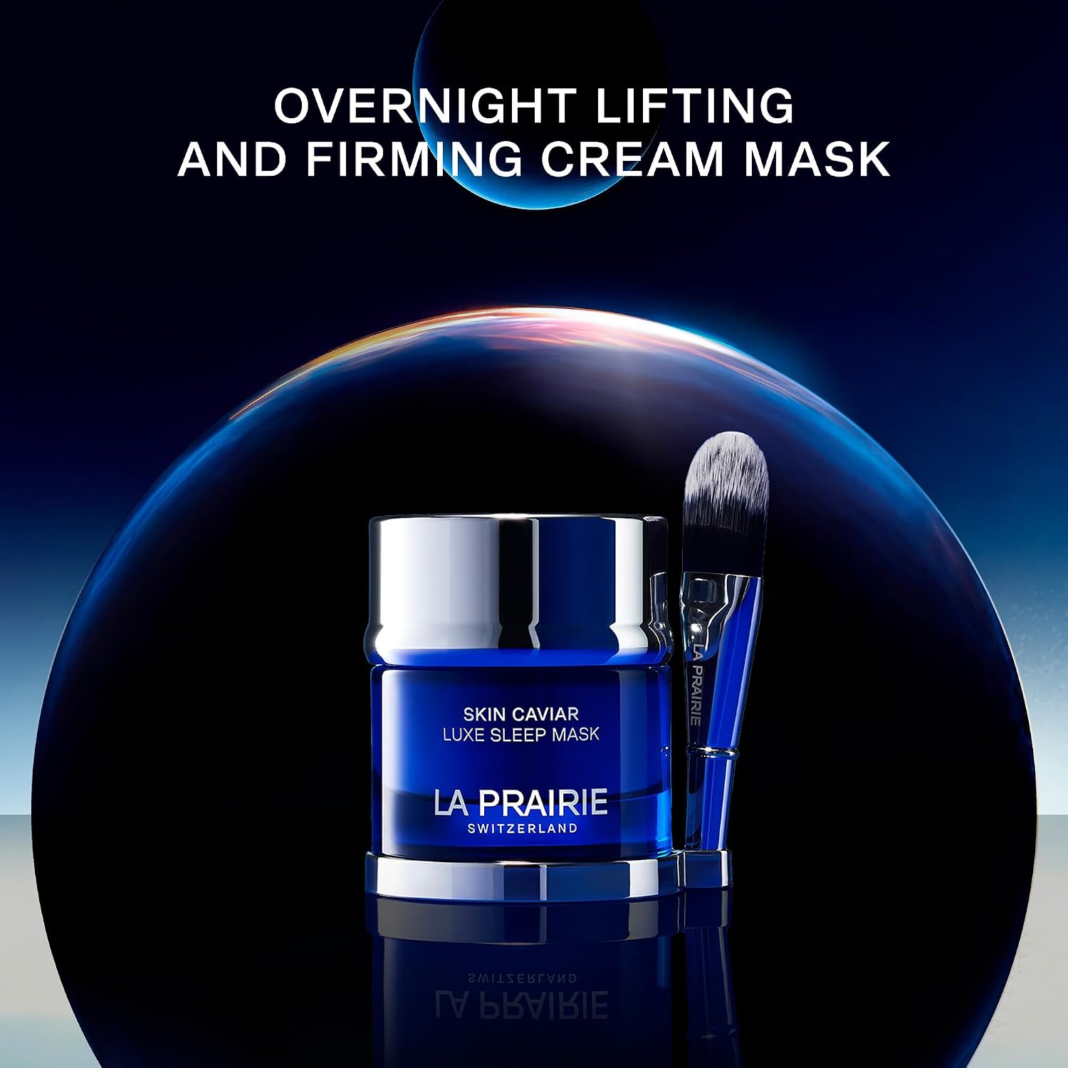 Luxe overnight sleep mask in neutral apothecary-style packaging, designed for firming and hydration — side
