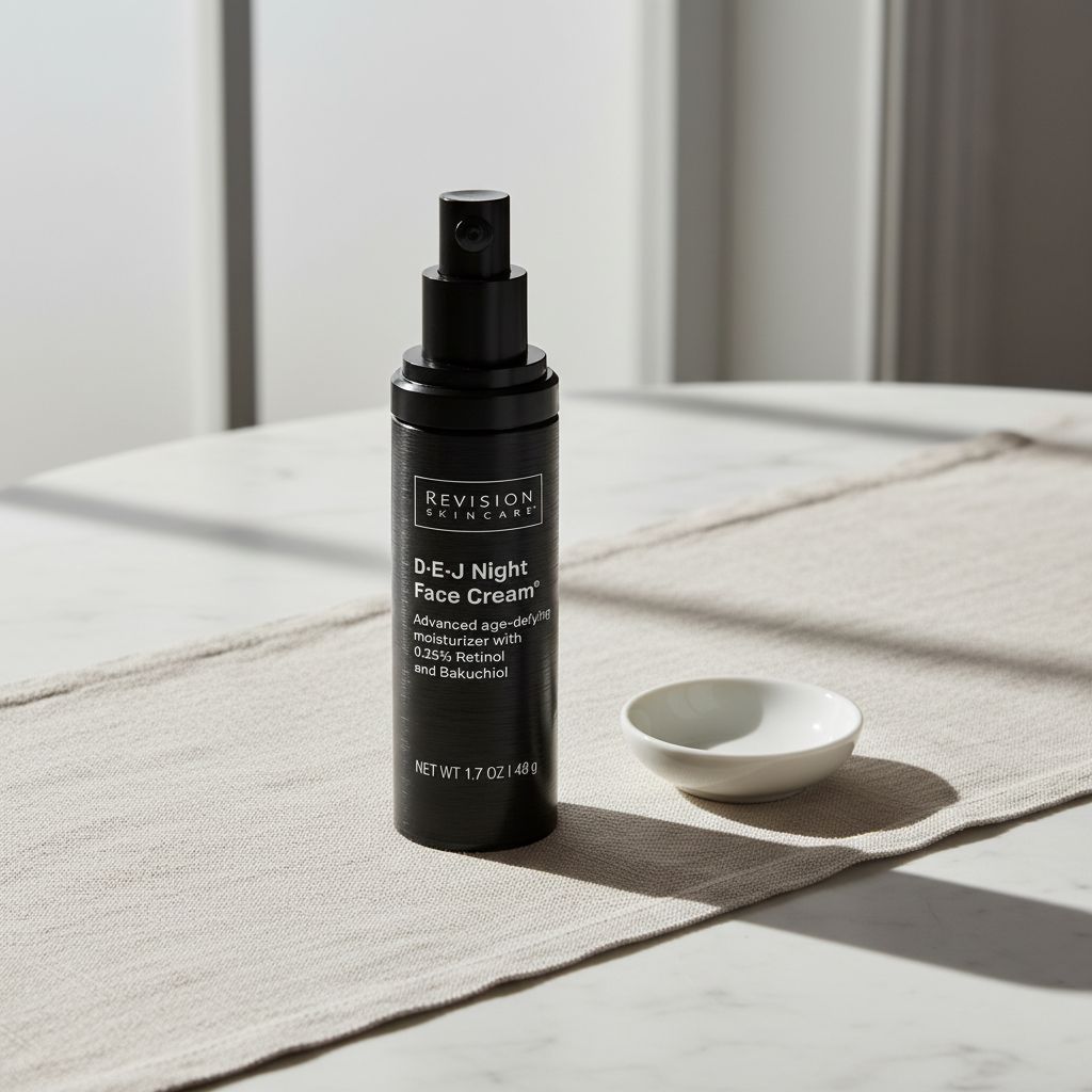 Apothecary-luxe retinol and bakuchiol night cream in neutral glass jar with dropper, anti-aging moisturizer for evening skincare — view 1