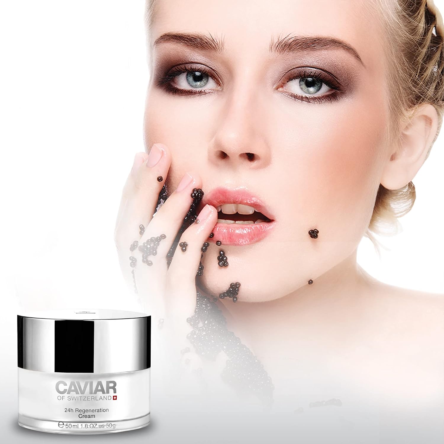 Anti-aging face moisturizer cream with hyaluronic acid and resveratrol in neutral beige jar, featuring regenerating formula for aging spots — view 2